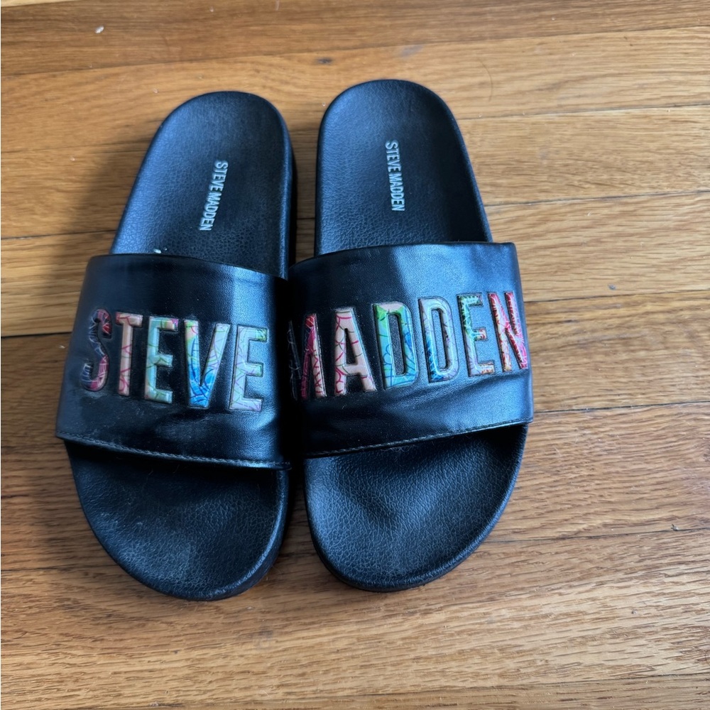 Steve Madden Black Slides with Colorful Logo